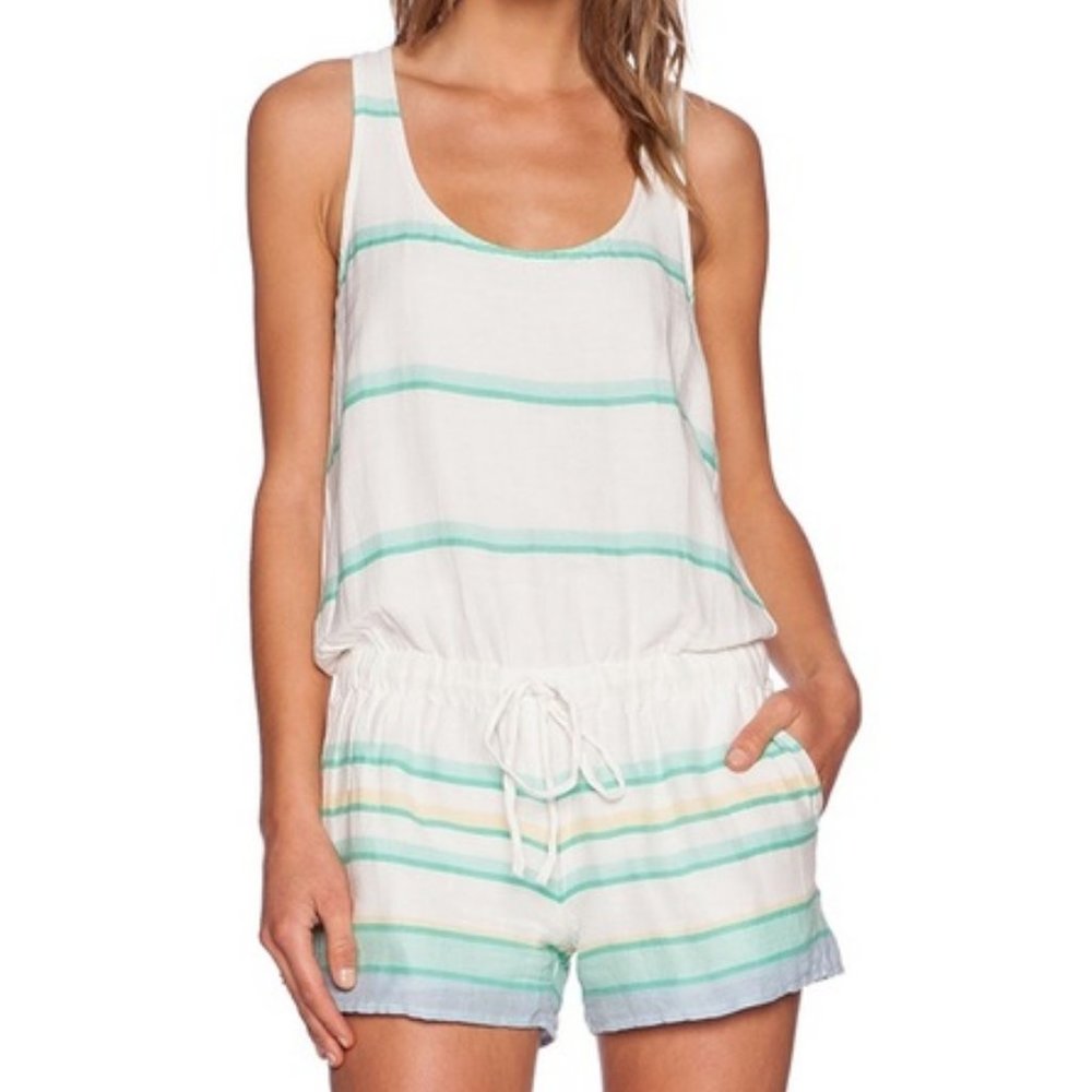 Soft Joie Green Stripe Miri Tank Romper Jumpsuit Shorts Summer 100% Cotton S